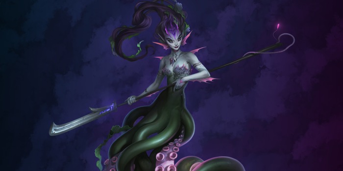 A fantasy creature inspired by Empires & Puzzles characters with purple hair, green tentacles instead of legs, and pointed ears holds a long spear. She has pale skin, glowing eyes, and stands against a dark, cloudy, purple background.