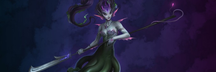 A fantasy female empires & puzzles character with pale skin, fins, and purple hair holds a glowing spear. She has aquatic features, a crown-like fin, and a flowing, tentacle-like green dress against a dark, mystical background.