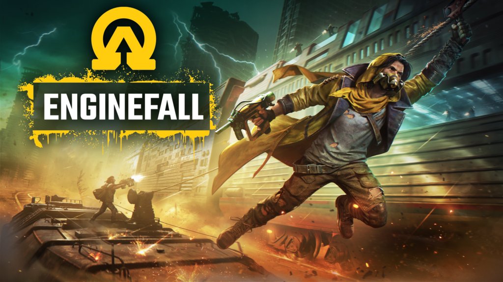 A masked figure wearing a yellow cape leaps from a speeding train, holding a weapon. Two armed people on another train fire at the figure. The word ENGINEFALL and a yellow symbol, representing game services, appear in the top left corner.
