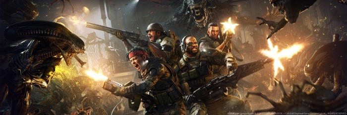 Three heavily armed soldiers in futuristic armour fight off swarming alien creatures in a chaotic, dark environment—a thrilling scene perfect for marketing art or game services. Green acid and debris fly as they fire their weapons amidst the chaos.