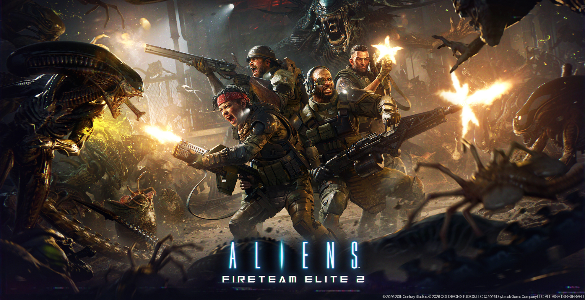 Four heavily armed soldiers in futuristic armour battle swarming alien creatures with glowing green blood in a dark, chaotic sci-fi environment. The title Aliens Fireteam Elite 2 is displayed below, showcasing high-quality video game outsourcing.