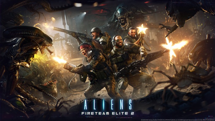Four heavily armed soldiers in futuristic armour battle alien creatures in a chaotic, explosive scene. Gunfire lights up the action-packed marketing art for “Aliens: Fireteam Elite 2,” highlighting gripping moments from the game.