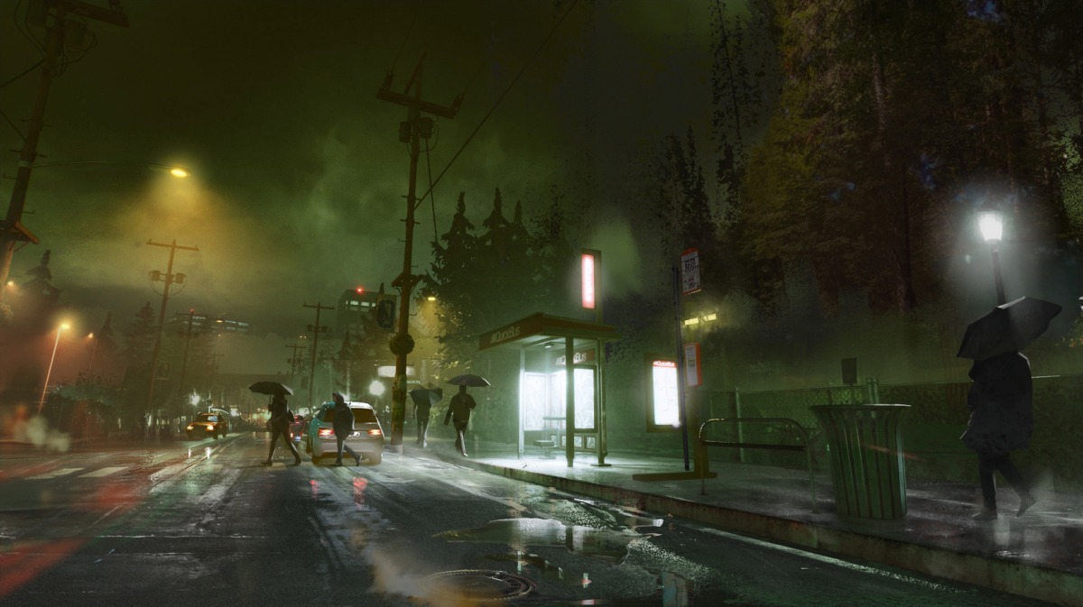 A rainy, foggy city street at night with people holding umbrellas, cars driving by, and a brightly lit bus stop surrounded by trees and streetlights—straight out of a scene from Vampire: The Masquerade.