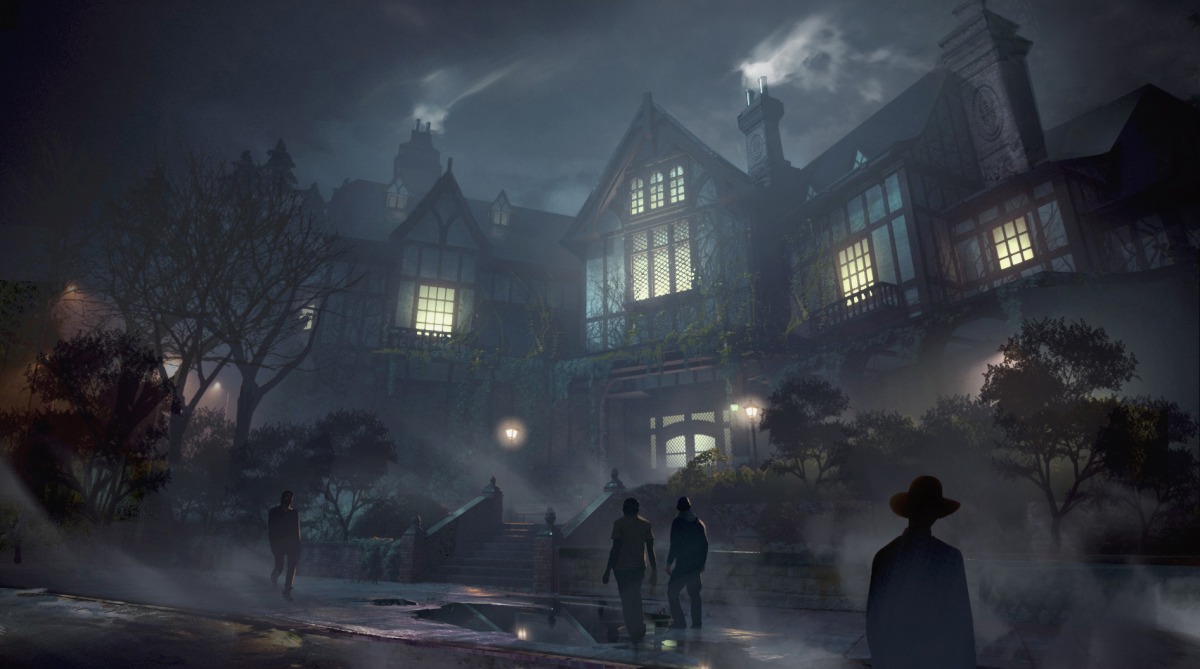 A large, eerie manor is dimly lit at night, surrounded by fog and leafless trees. Four shadowy figures stand near the entrance, evoking the mysterious and ominous world of Bloodlines 2: Vampire: The Masquerade.
