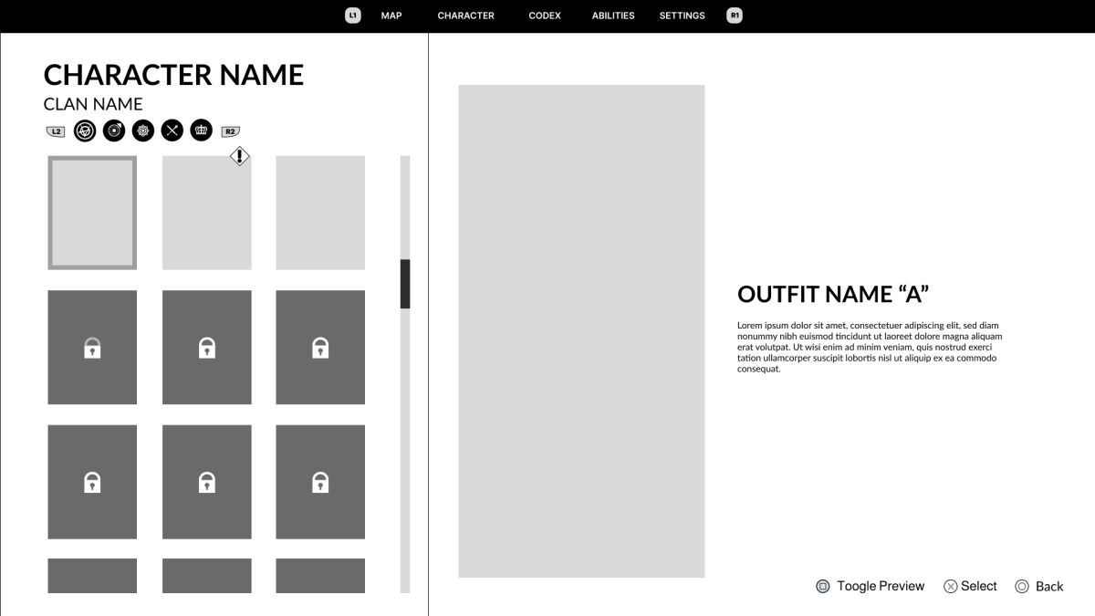 A character customisation screen from Vampire: The Masquerade – Bloodlines 2 shows selectable outfit options, some locked and some unlocked. The right side displays a large preview area with the selected outfit and a brief description.
