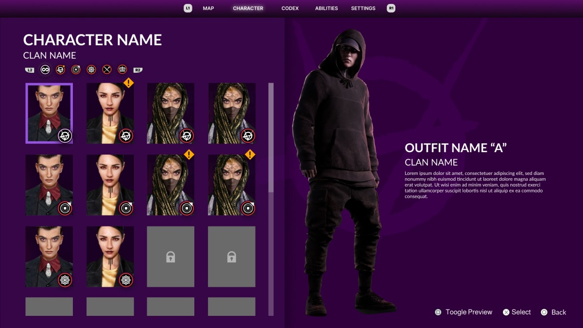 A Vampire: The Masquerade game character selection screen displays six character portraits—three male, three female—and two locked slots. On the right, a hooded figure in dark clothes stands out. The interface features a striking purple theme.