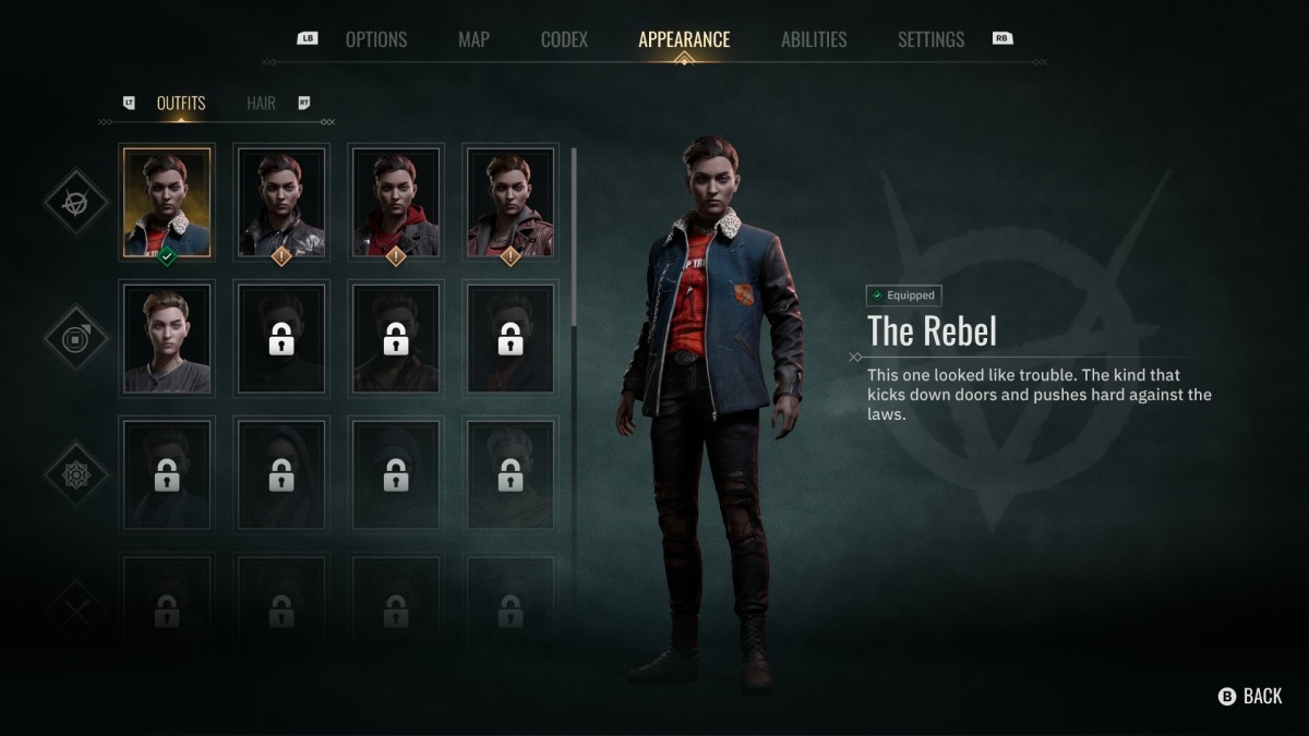A video game appearance menu shows a character in a blue jacket and black trousers. Outfit options are displayed, some locked. Selected outfit is The Rebel with a description reading, This one looked like trouble... in this Vampire: The Masquerade setting.