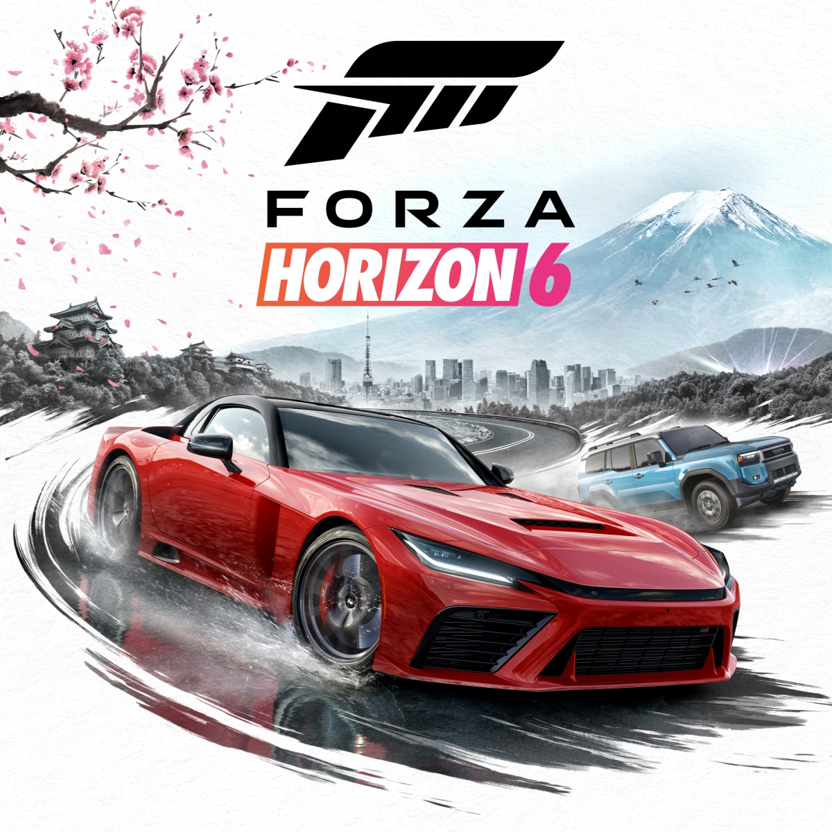 A red sports car and a blue SUV race on a curving road lined with cherry blossom trees, a Japanese pagoda, and Mount Fuji in the background. Highlighting stunning video game outsourcing, the Forza Horizon 6 logo is displayed above.