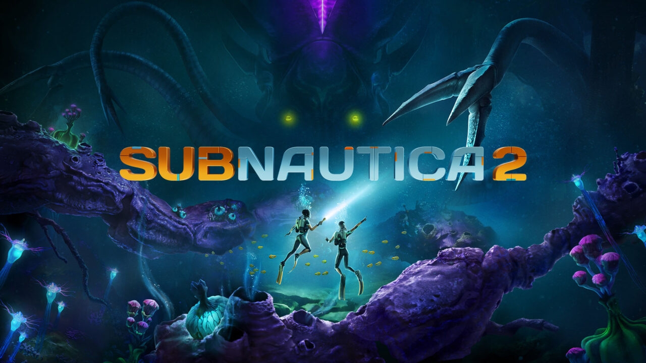 Two divers explore an alien underwater world filled with glowing plants and fish, while a giant sea creature with glowing eyes looms in the background—a stunning scene that showcases the power of video game outsourcing. The text SUBNAUTICA 2 appears in the centre.