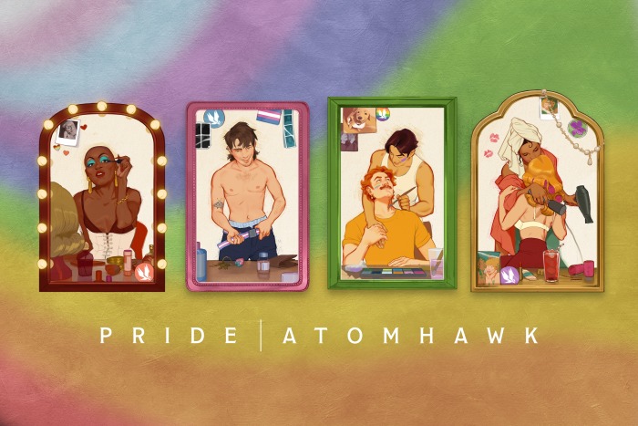 Illustration of four diverse LGBTQ+ couples in moments of queer joy, each framed like a portrait, set against a rainbow gradient background with “PRIDE,” “ATOMHAWK,” and “Pride 2026” at the bottom for an uplifting LGBTQ celebration.