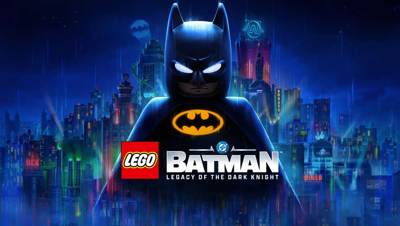 Lego Batman stands in front of a glowing city skyline at night, with the Lego logo and “Batman: Legacy of the Dark Knight” below—a tribute to video game outsourcing bringing epic adventures to life. The Bat-Signal shines on Batman’s chest.