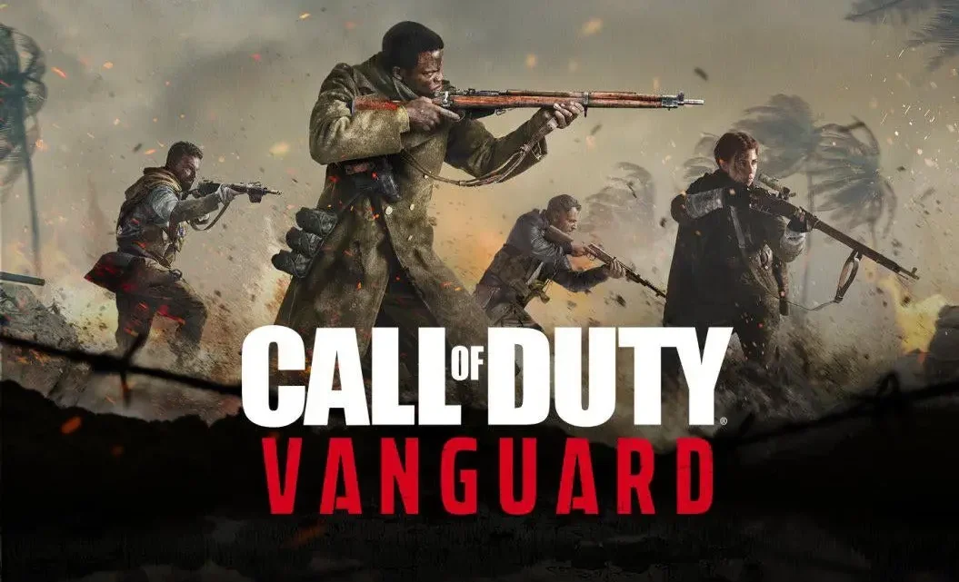 Four armed soldiers in Second World War uniforms aim their weapons amidst smoke and destruction, evoking the immersive intensity that UI/UX design for video games strives to capture. The text Call of Duty Vanguard appears boldly at the bottom centre of the image.