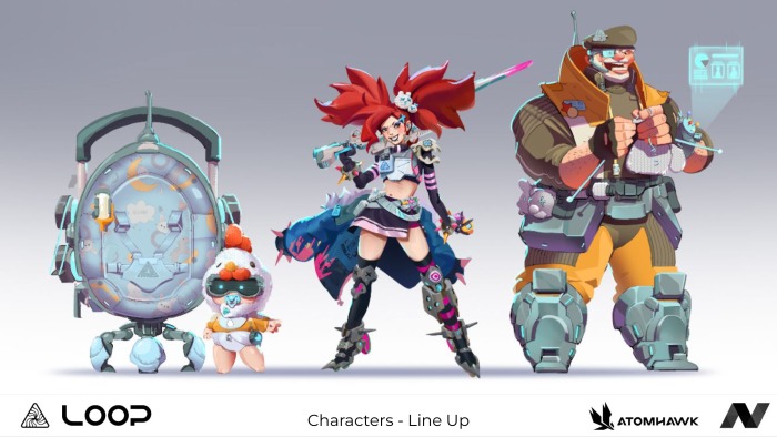 Three colourful sci-fi characters: a robotic pod with a baby inside, a red-haired warrior with a sword, and a large armoured man with a beard. The stylised background features logos and the text “Characters - Line Up,” highlighting the creative talent fostered at New3Dge.