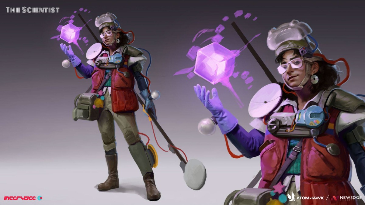 A scientist in a quirky outfit with goggles, gloves, gadgets, and floating purple cubes exudes creative talent. She wears a red waistcoat and holds a tool, surrounded by tech devices and hovering discs—a perfect embodiment of imaginative innovation inspired by New3Dge.