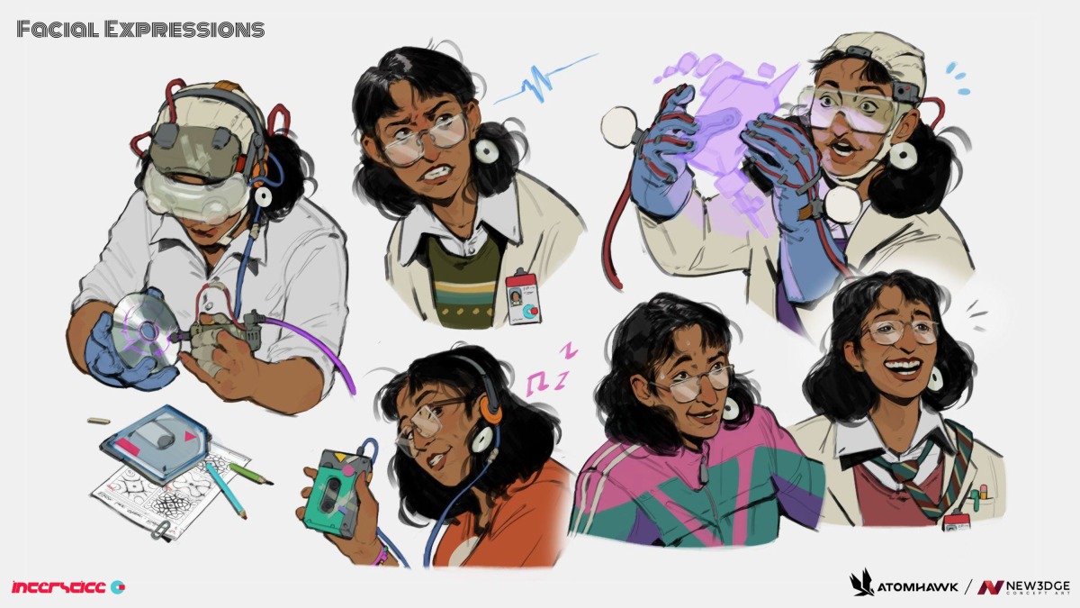 A woman with glasses and headphones displays various emotions, including joy, surprise, curiosity, and pride, whilst interacting with scientific gadgets and papers in a colourful, sketch-style illustration—a vivid showcase of creative talent reminiscent of a New3Dge partnership.