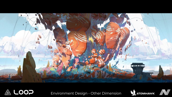 A vibrant, surreal landscape shaped by creative talent features large, floating orange rock formations hovering over a rocky terrain, while a small observation tower—reminiscent of the innovative spirit at New3Dge—sits in the foreground under a colourful sky.