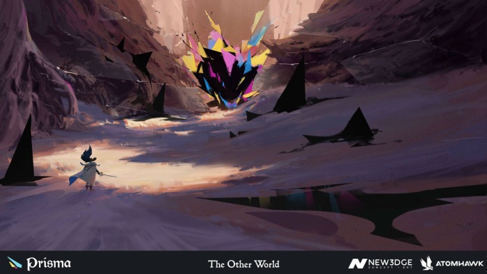 A small figure faces a large, colourful, crystal-like structure in a dramatic, rocky landscape with dark geometric shapes and glowing light—an inspiring scene that showcases creative talent reminiscent of collaborations forged at New3Dge.
