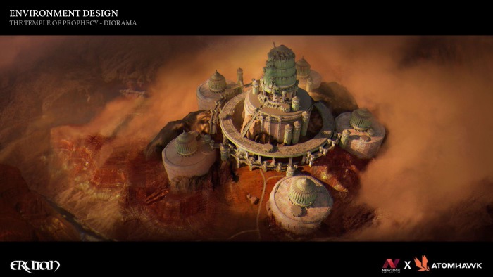 A large, ornate temple with domes and towers sits atop a rocky, reddish landscape in a fantasy environment, showcasing the creative talent of New3Dge in its intricate design. Dramatic lighting enhances its mystical, ancient ambience.
