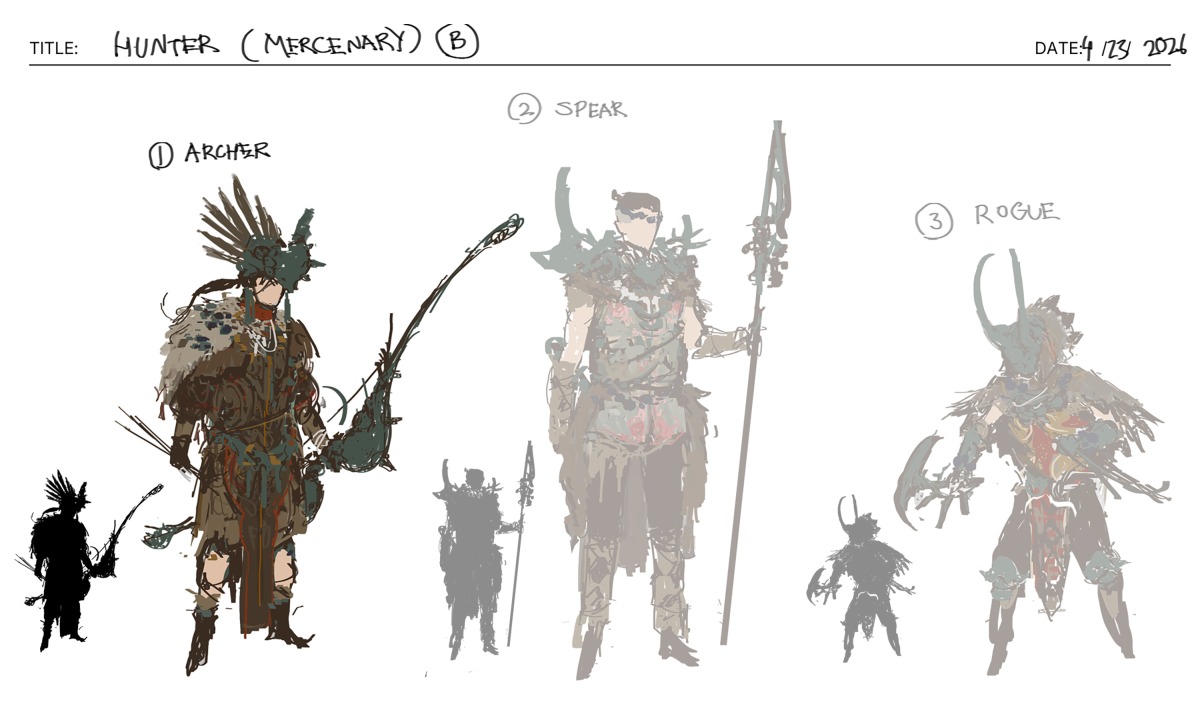 Three character sketches labelled Archer, Spear, and Rogue, each in tribal-inspired armour with weapons and horned helmets, showcase impressive creative talent. Text indicates “Hunter (Mercenary),” “B,” and the date “23/4/2021” at the top—highlighting a possible partnership or influence from New3Dge in their distinctive visual style.