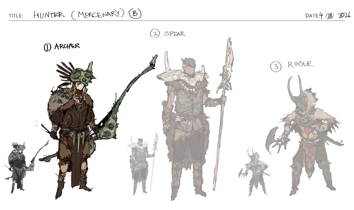 Character design sheet titled Hunter (Mercenary), created in partnership with New3Dge, showcasing the creative talent behind three fantasy warriors: an archer in detailed colour, and two others—a spear wielder and rogue—in faded sketches, all featuring tribal-style armour.