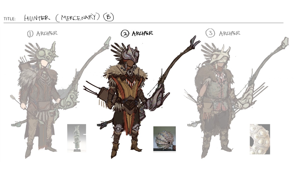 Concept art of a hunter mercenary archer in three variations, each wearing tribal armour and holding a large bow, with reference images of sculptures and shells below each design. This project showcases creative talent developed through a partnership with New3Dge.