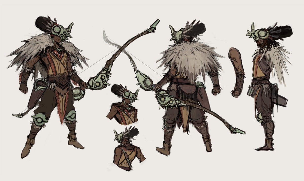 Fantasy character in a tribal outfit with a horned mask, fur cloak, and green armour, showcasing the creative talent fostered through partnership at New3Dge. Shown with a decorated bow and a club, presented from multiple angles and close-up views.
