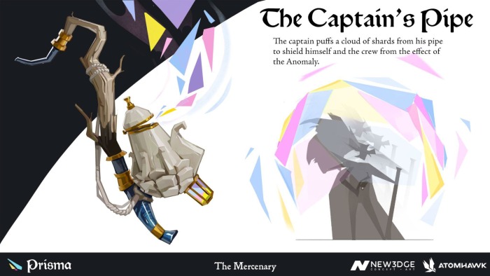 A detailed pipe with gold and blue accents hovers beside abstract shards. Text reads: “The Captain’s Pipe. The captain puffs a cloud of shards from his pipe to shield himself and the crew from the effect of the Anomaly.” This imaginative scene showcases the creative talent nurtured at New3Dge, where partnership fuels visionary storytelling.