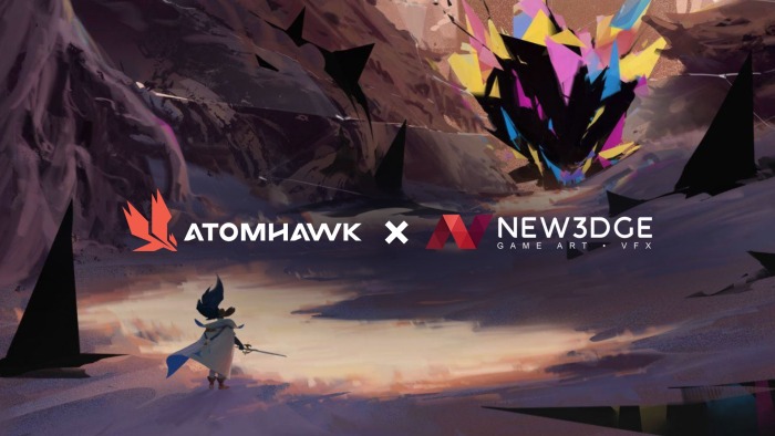 Stylised illustration of a cloaked figure facing a large, angular, dragon-like creature. At the centre of the image, logos for Atomhawk and New3Dge Game Art - VFX highlight their partnership and celebration of creative talent within the industry.