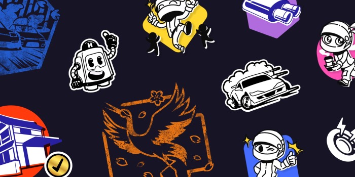 Assorted cartoon-style stickers, including cars reminiscent of Forza Horizon 6, robots, ninjas, a house, and a large orange crane, are scattered on a dark background. Each sticker features bold lines and playful, colourful designs.
