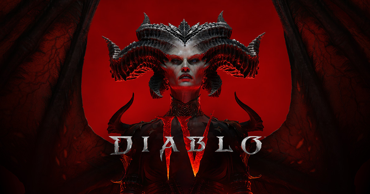 A demonic woman with large, curved horns stands against a red background with the text “Diablo IV” in front of her, capturing the intense visual style often seen in production art for video games.