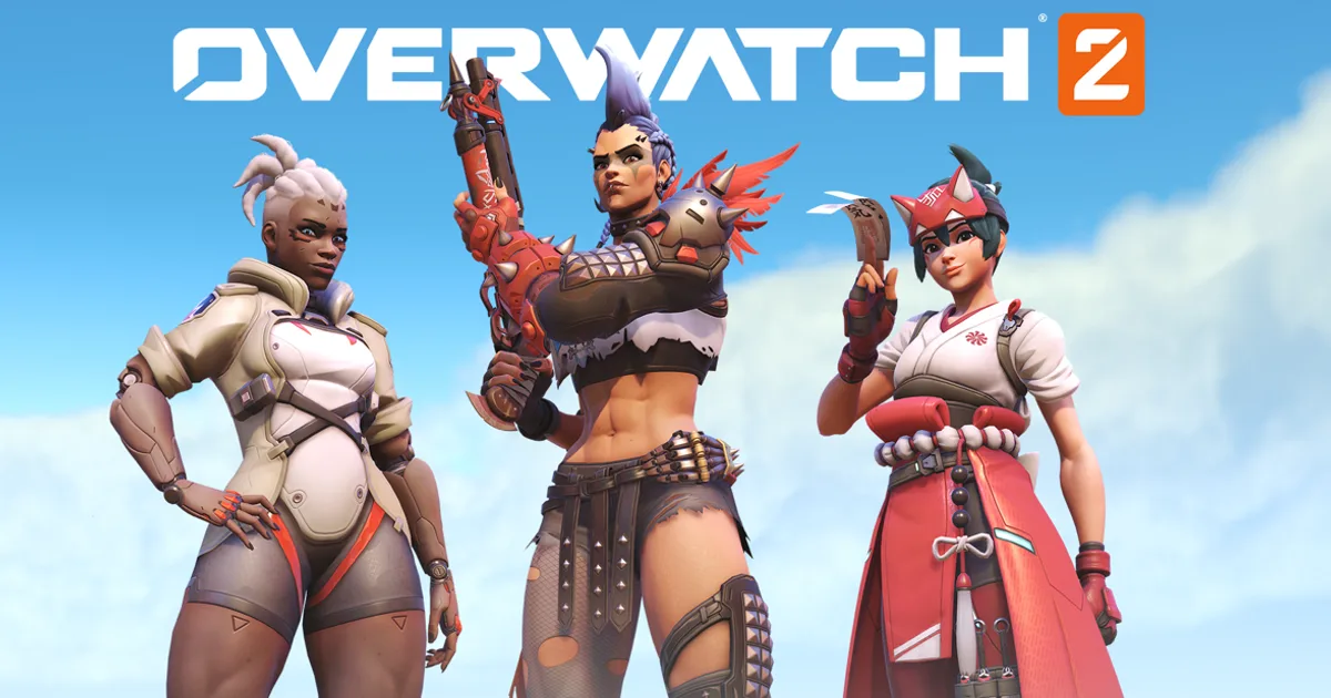 Three Overwatch 2 heroes pose confidently under a blue sky, with the 