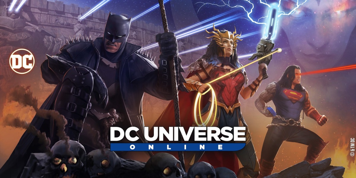 Batman, Wonder Woman, and Superman stand heroically with weapons, surrounded by dramatic lighting and dark clouds, with the DC Universe Online logo displayed at the bottom—an impressive example of marketing art that showcases the excitement of game services.