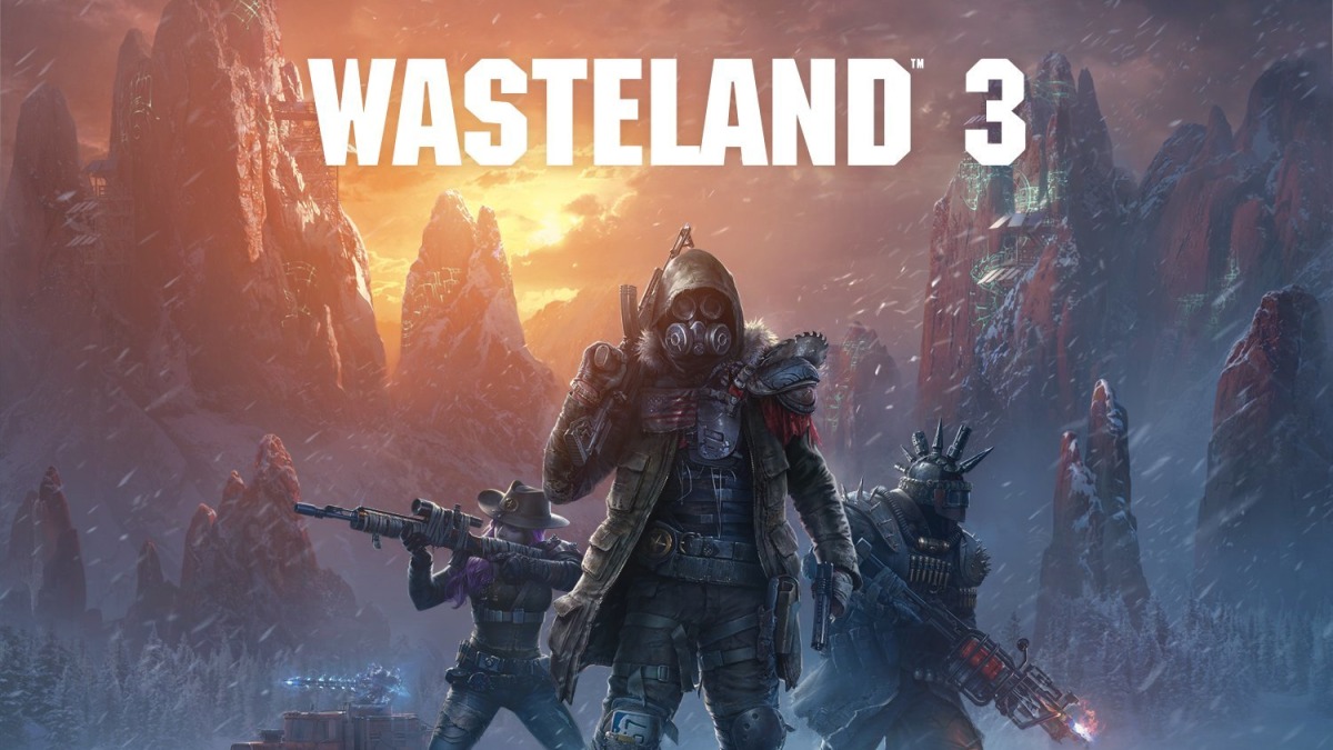 Three armed figures in rugged gear stand in a snowy, mountainous landscape at sunset, with WASTELAND 3 in bold white letters above them. Showcasing striking marketing art, this scene captures the game's intense atmosphere and immersive world, inviting players to explore its unique services and adventures. The central figure wears a gas mask and hood.