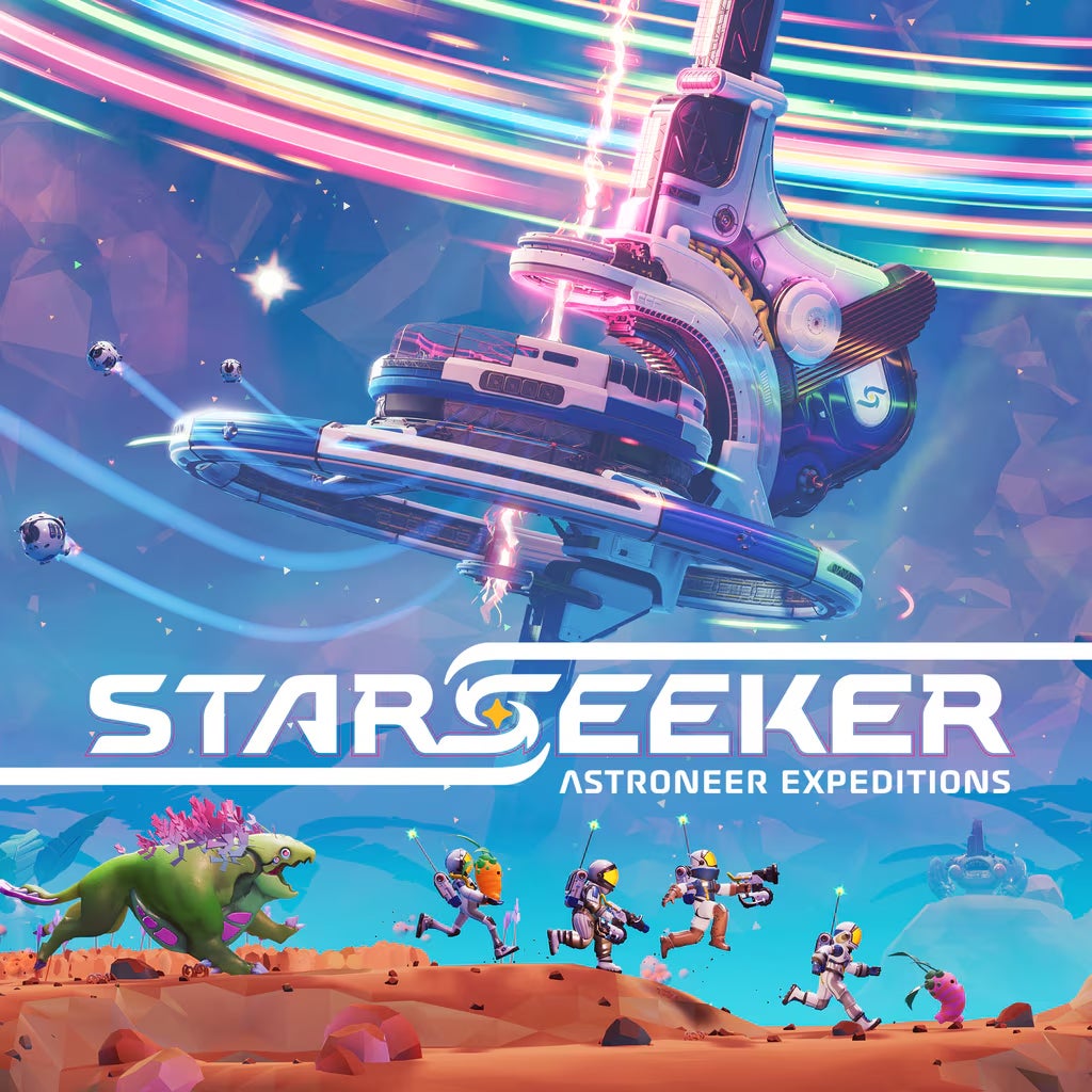 A group of astronauts run across an alien landscape with a dinosaur-like creature, whilst a futuristic space station—showcasing the magic of video game outsourcing—floats above. The text STARSEEKER ASTRONEER EXPEDITIONS appears across the centre.