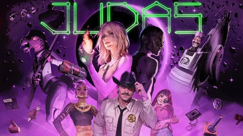 A neon-lit poster for Judas showcases diverse characters, including a woman with glowing hands, a sheriff, robots, and futuristic elements set against a vibrant purple background—capturing the dynamic vision often sought after in Concept Art game services.