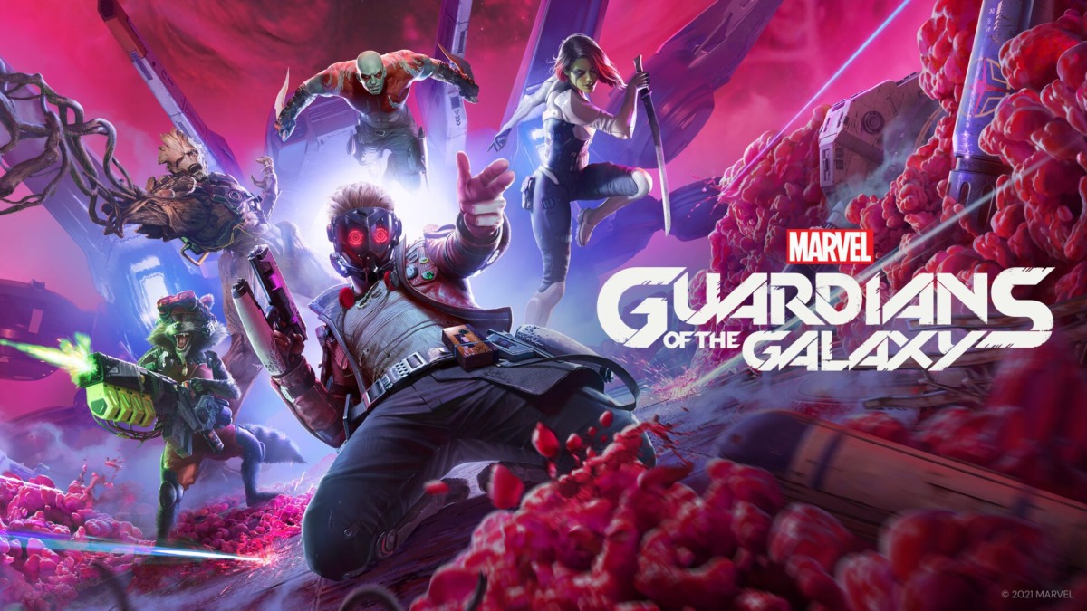Five Guardians of the Galaxy characters pose for action in a vibrant, alien environment with weapons drawn, capturing the high-energy spirit often seen in top-tier marketing art. The Marvel Guardians of the Galaxy logo appears on the right side of the image, making it a dynamic visual ideal for promoting game services.