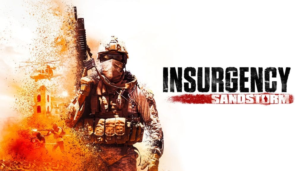 A heavily armed soldier in desert gear stands amid flying debris and sand, with helicopters and ruins behind, showcasing striking marketing art for Insurgency Sandstorm game services on a white background.