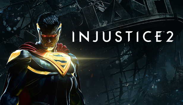 A menacing superhero with glowing red eyes and a red cape stands in front of a dark, ruined background, captured in stunning production art. The text INJUSTICE 2 appears to the right of the character, highlighting its connection to iconic video games.