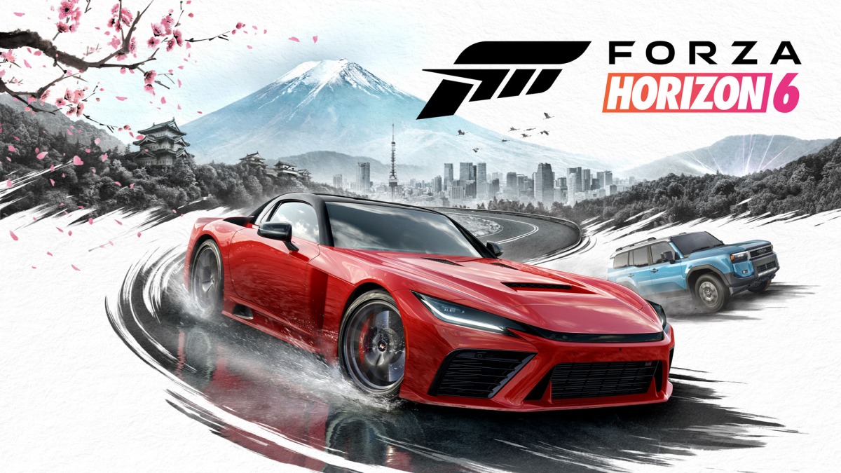 A red sports car and a blue lorry race on a curved road with Mount Fuji and cherry blossoms in the background, all brought to life with stunning UI Art. The Forza Horizon 6 logo appears in the upper right corner, highlighting the immersive experience of leading game services.