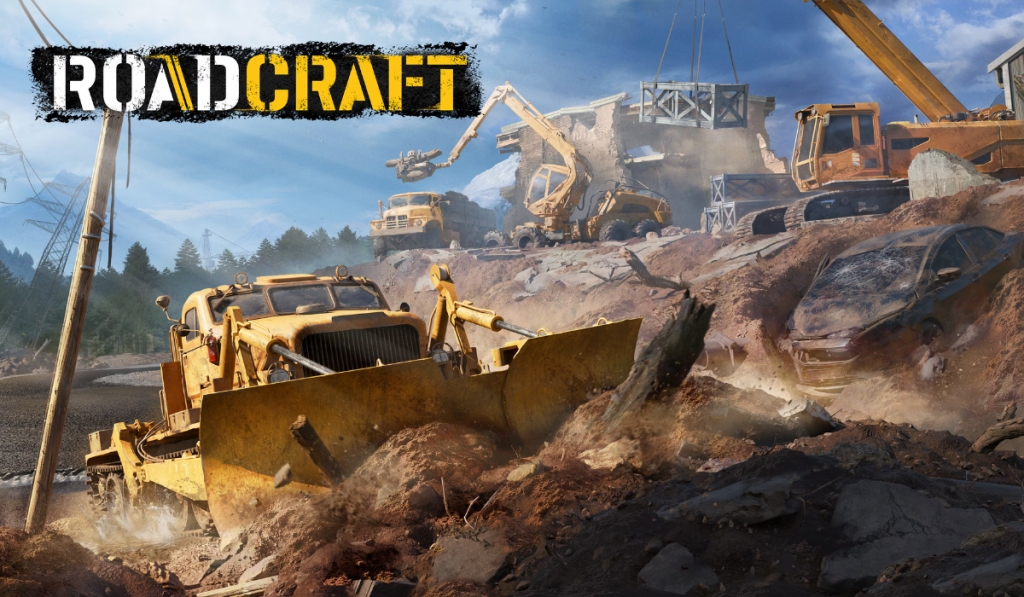 A large yellow bulldozer clears rocky debris on a rugged construction site with other heavy machinery and the word ROADCRAFT in bold at the top left, evoking the dynamic power and precision found in marketing art for game services.
