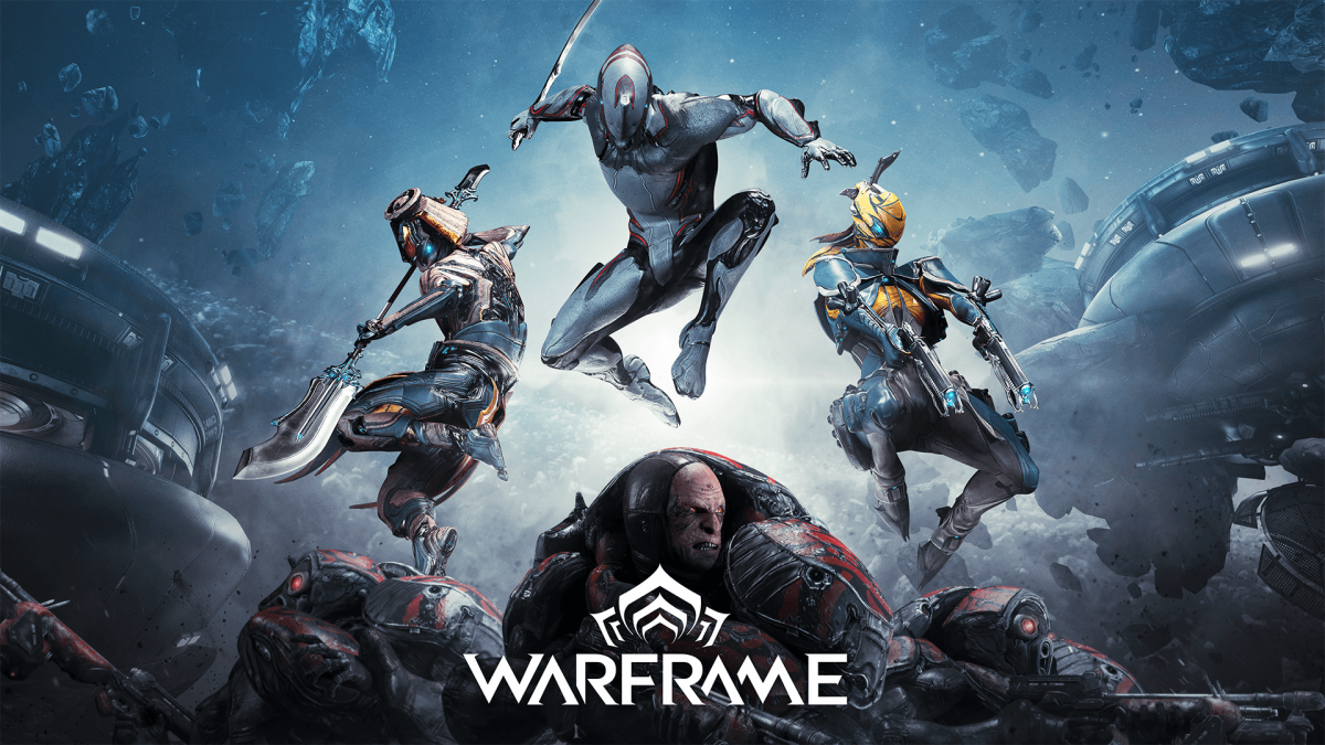 Three armoured sci-fi warriors leap dynamically above a fallen enemy on a futuristic battlefield, with the word Warframe and its logo at the bottom centre. Subtle elements of UI/UX design for videogames are integrated into the scene, while spaceships and debris float in the misty, blue-toned background.