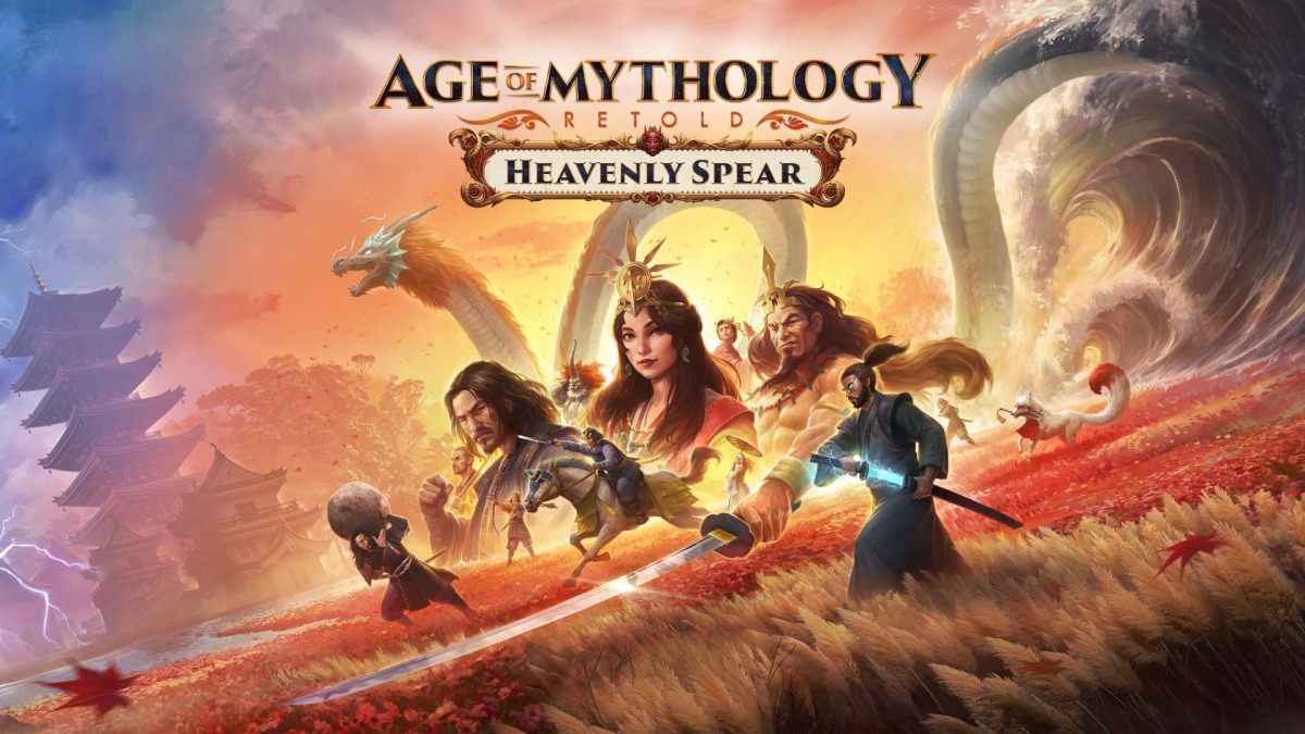 Four warriors with weapons stand in a vibrant field, surrounded by mythological creatures and stunning Asian architecture in the background. Showcasing exceptional UI Art game services, the scene perfectly captures an epic atmosphere as the title Age of Mythology Retold: Heavenly Spear appears above them.