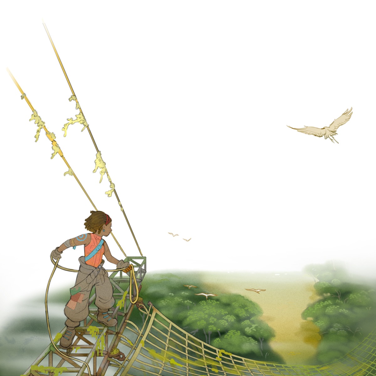 A person stands on a suspended net platform above a green forest, holding a rope and watching birds flying in the sky. The scene is bright and open, with lizards climbing cables in the background—a perfect setting to inspire visual development for the future, reminiscent of Atomhawk’s imaginative concepts.