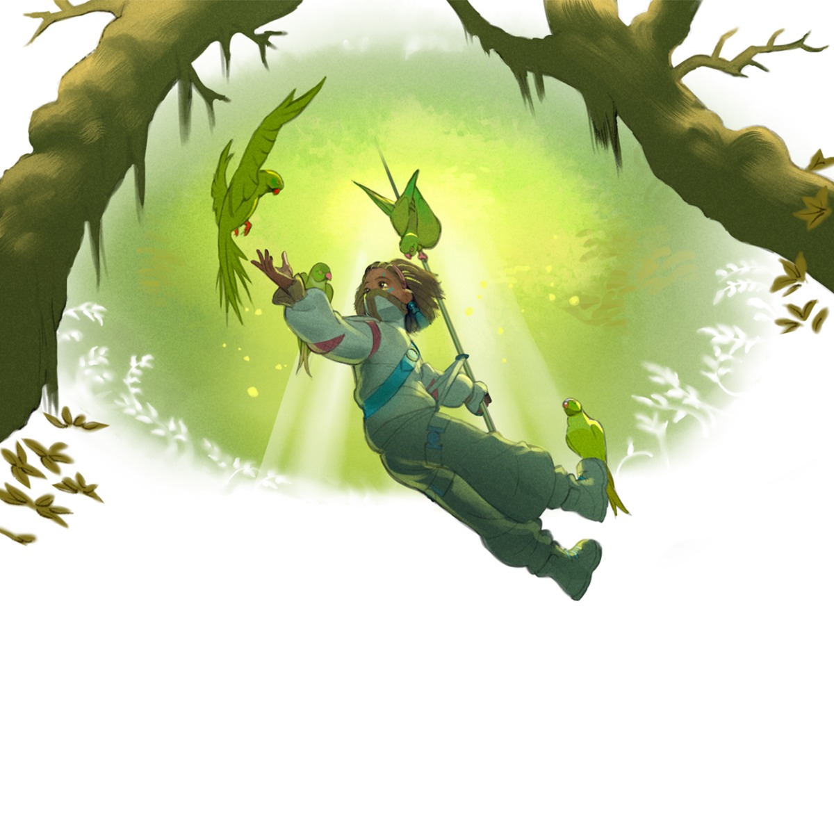 A person in green clothing floats in sunlight beneath tree branches, joyfully reaching out to several green parrots as they fly and perch around them. Leaves and soft light create a magical, serene atmosphere, capturing the essence of Atomhawk visual development with its imaginative approach to building future worlds.