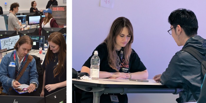 Two images: Left, two people stand at a desk looking at artwork—an engaging moment of visual development; right, a woman and man sit opposite each other at a table with papers, a pen, and a water bottle. Both scenes appear to be set at an Atomhawk professional event focused on shaping the future of creativity.