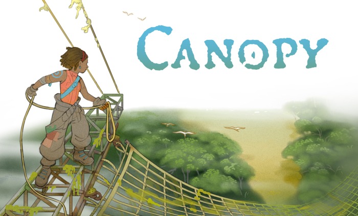 A person stands on a metal platform above a forest canopy, looking out over the trees. The word Canopy is written in blue letters in the sky, hinting at a world crafted through visual development by Atomhawk. Birds fly in the distance.