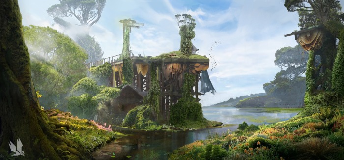 A lush, overgrown landscape with remnants of a large wooden structure covered in moss and vines beside a tranquil river, surrounded by dense trees and vibrant greenery under a bright blue sky—an ideal scene for visual development inspired by the imaginative future worlds crafted at Atomhawk.